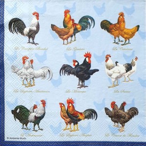 Салфетка для декупажа "Куры с петухами, синее" бумажная, 13304881, 33х33 см
