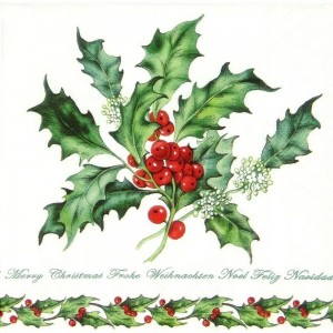 Салфетка для декупажа "Остролист с ягодами" бумажная, 33304255, 33х33 см