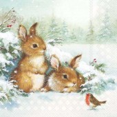 Салфетка для декупажа "Кролики и малиновка в снегу" бумажная, 33317985, 33х33 см