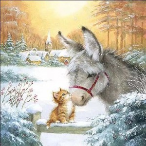 Салфетка для декупажа "Котёнок и ослик зимой" бумажная, 33312000, 33х33 см