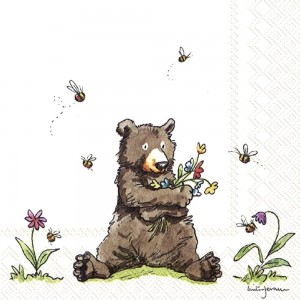 Салфетка для декупажа "Медведь с цветочками и пчёлы" бумажная, 33х33 см