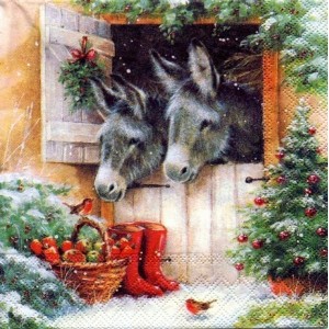 Салфетка для декупажа "Ослики Санты" бумажная, 33303990, 33х33 см