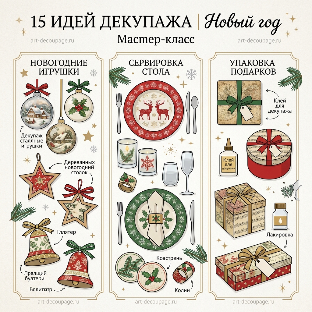 15 идей новогоднего декупажа для занятий в кружке