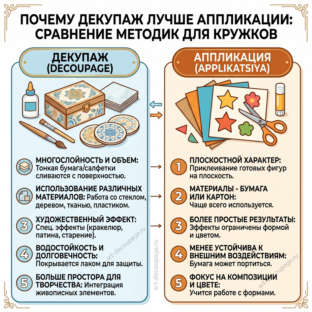 Почему декупаж лучше аппликации: сравнение методик для кружков и занятий