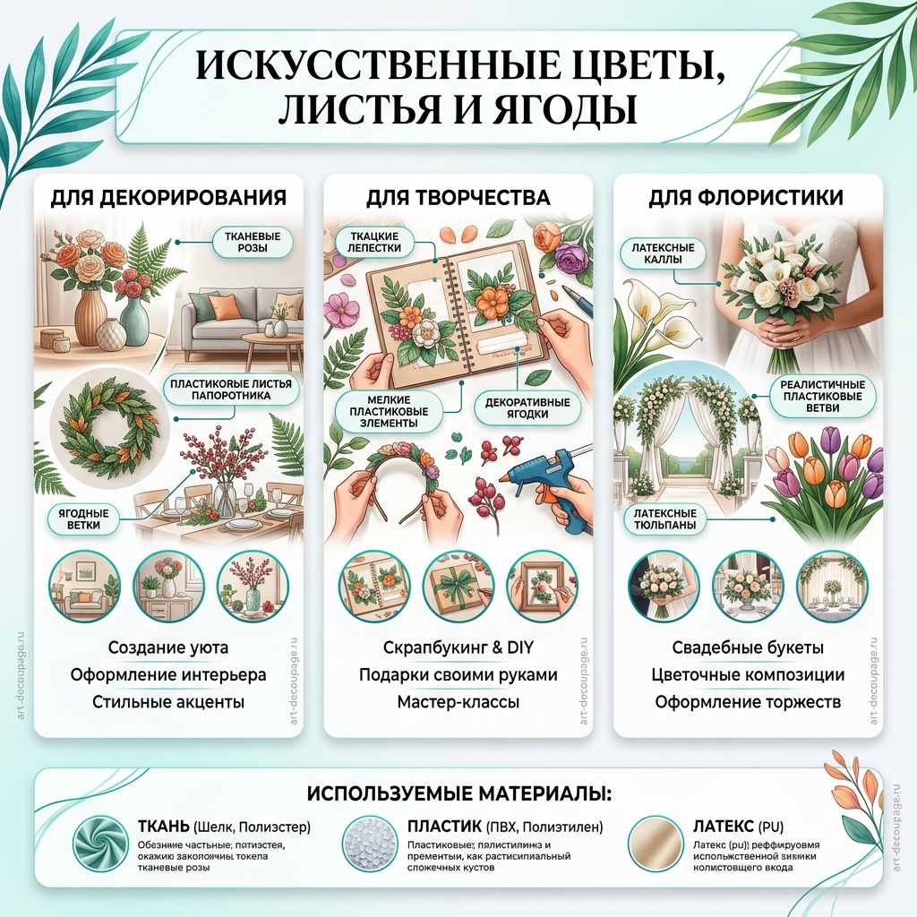 Цветы, листья и ягоды искусственные
