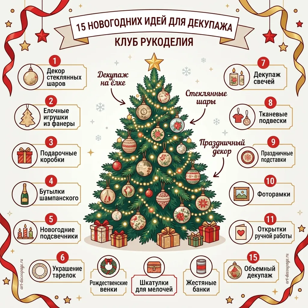 15 идей новогоднего декупажа для занятий в кружке