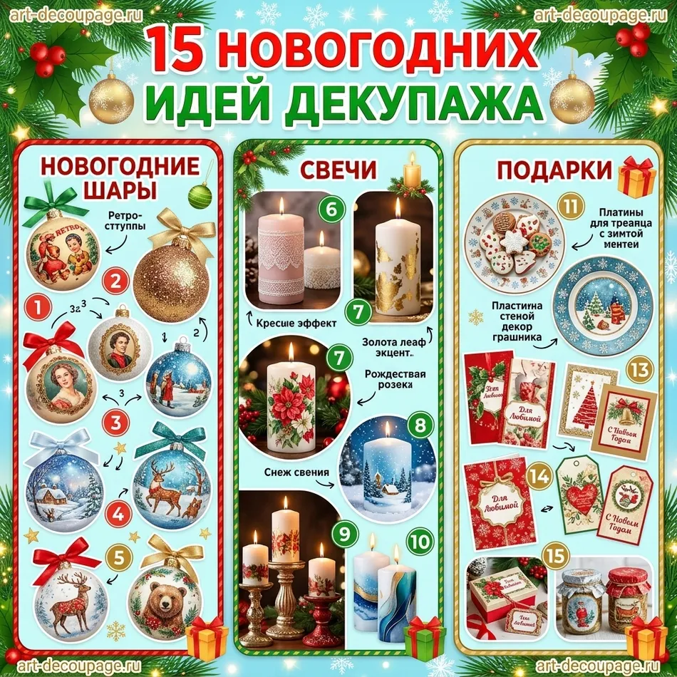 15 идей новогоднего декупажа для занятий в кружке